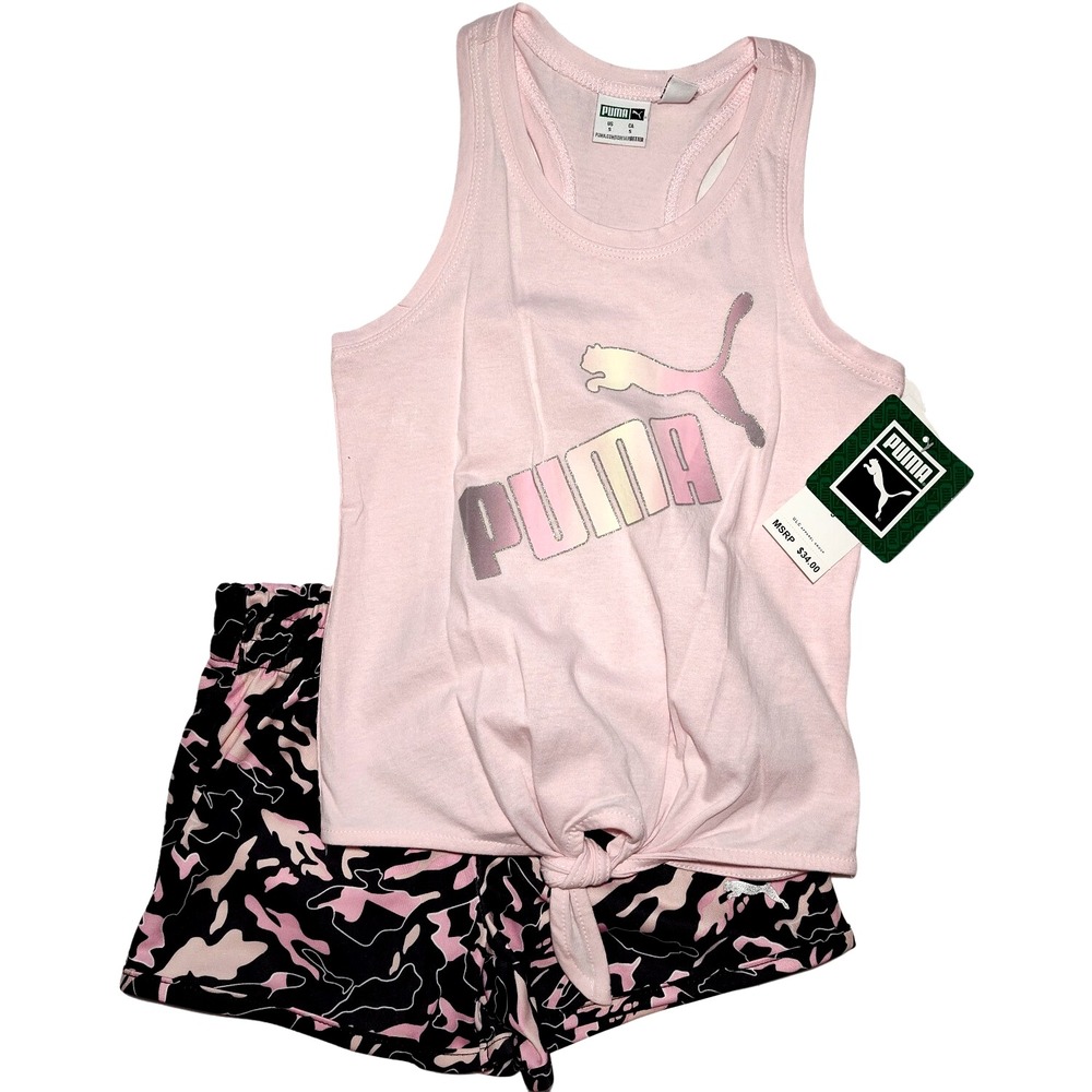 Puma‎ Girls 2pc Shorts Outfit Set Sz 5 Pink Black Tank Top NWT